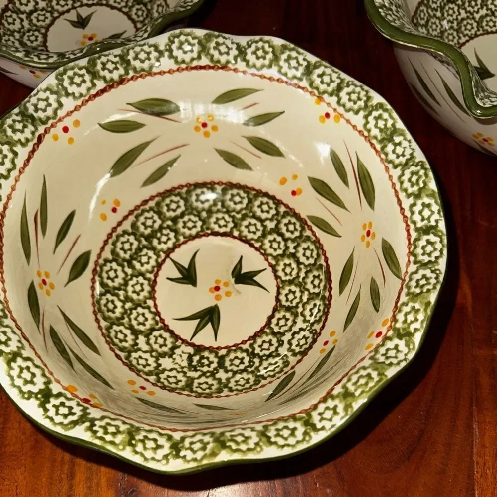 Temp-Tations Tara Old World set of 3 1-2 & 3.5 qt Floral Green Ceramic Bowls